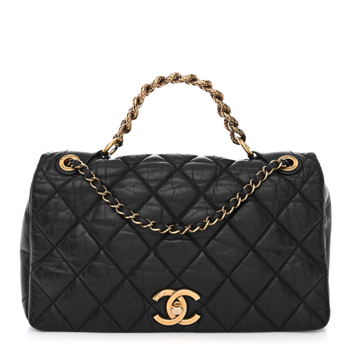 Aged Calfskin Quilted Medium Pondichery Flap Black