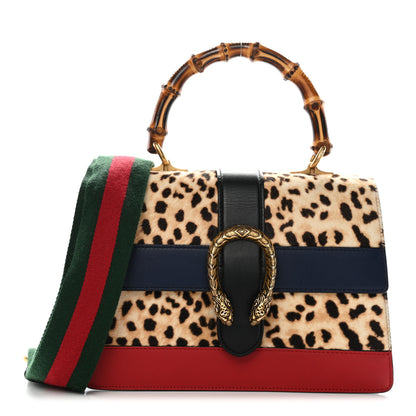 Gucci Calf Hair Calfskin Bamboo Web Leopard Print Medium Dionysus Top Handle Bag Natural Blue Agata Hibiscus Red 1 of 13
