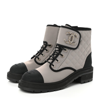 Chanel Fabric Grosgrain Lambskin Quilted Lace Up Combat Boot 40.5 Gray 3 of 8
