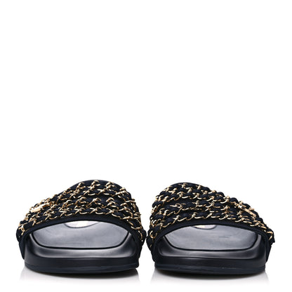 Chanel Satin Canvas Chain Slides Sandals Flats 40 Marine 2 of 10