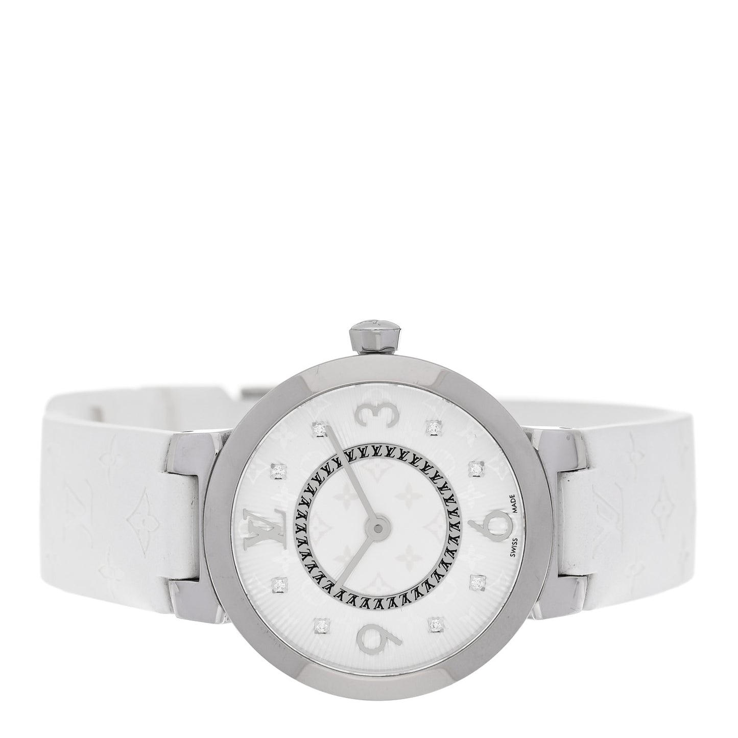 Stainless Steel Rubber Diamond 28mm Tambour Slim Quartz Watch White