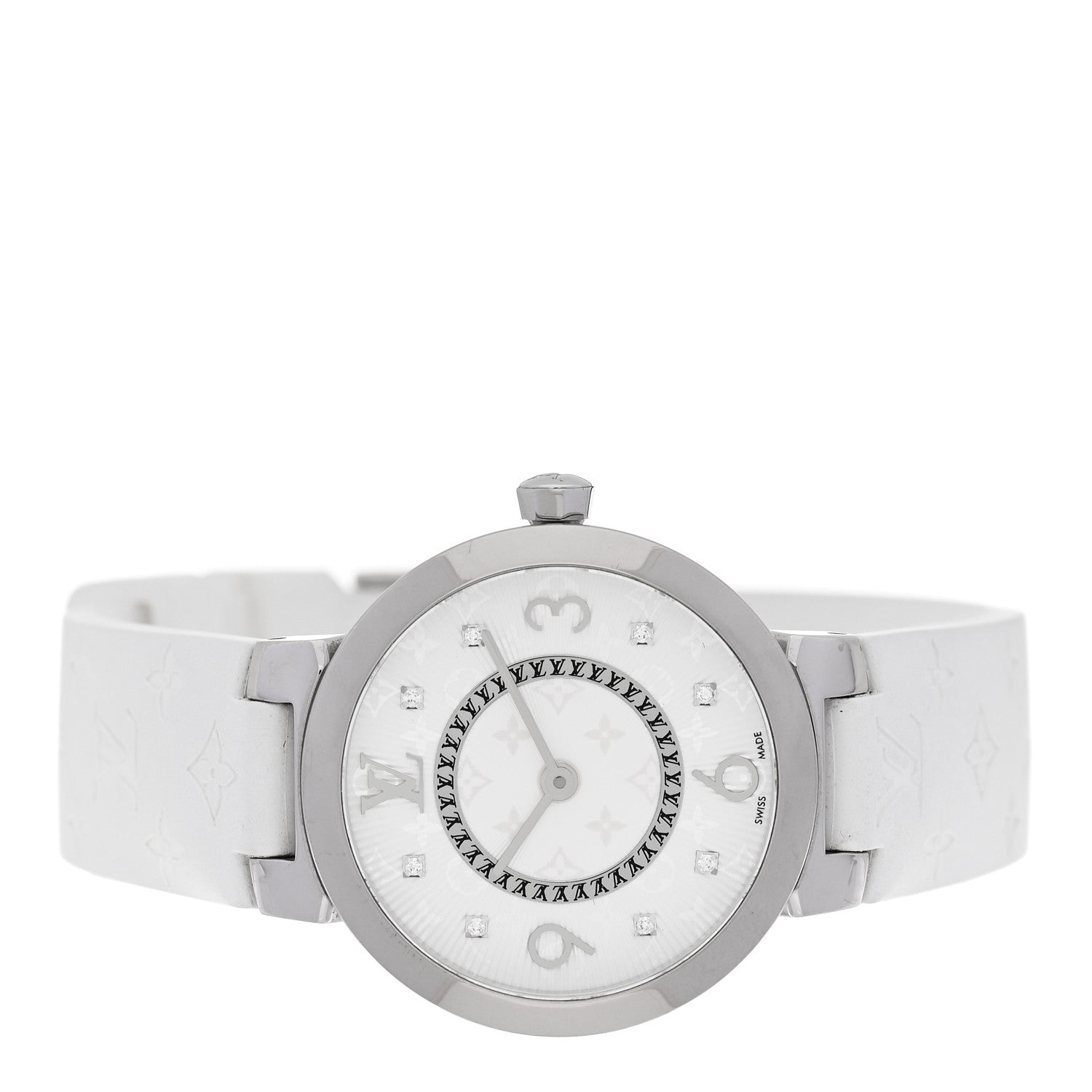 Louis Vuitton Stainless Steel Rubber Diamond 28mm Tambour Slim Quartz Watch White 2 of 5
