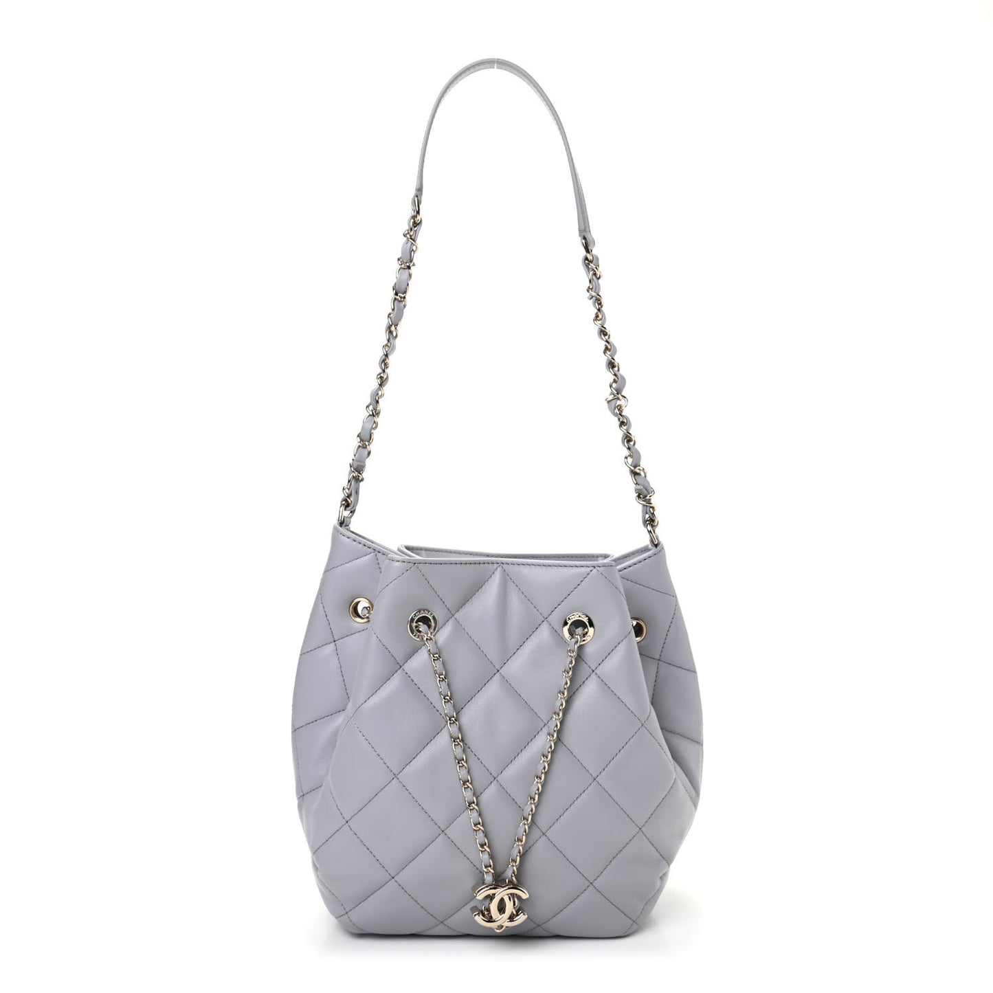 Lambskin Quilted Large CC Drawstring Bag Light Grey