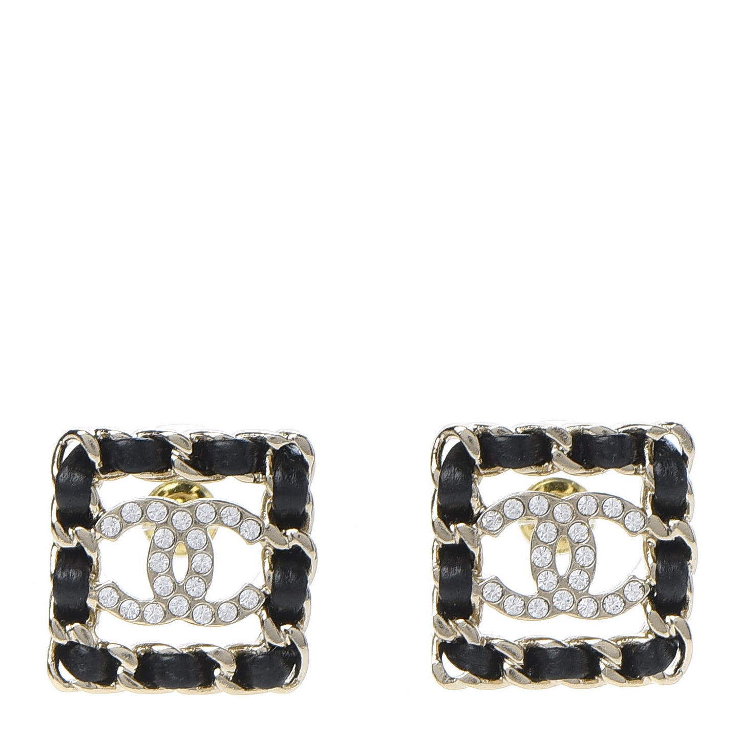 Crystal Lambskin Chain Sergeant Chanel Stud Earrings Black Gold