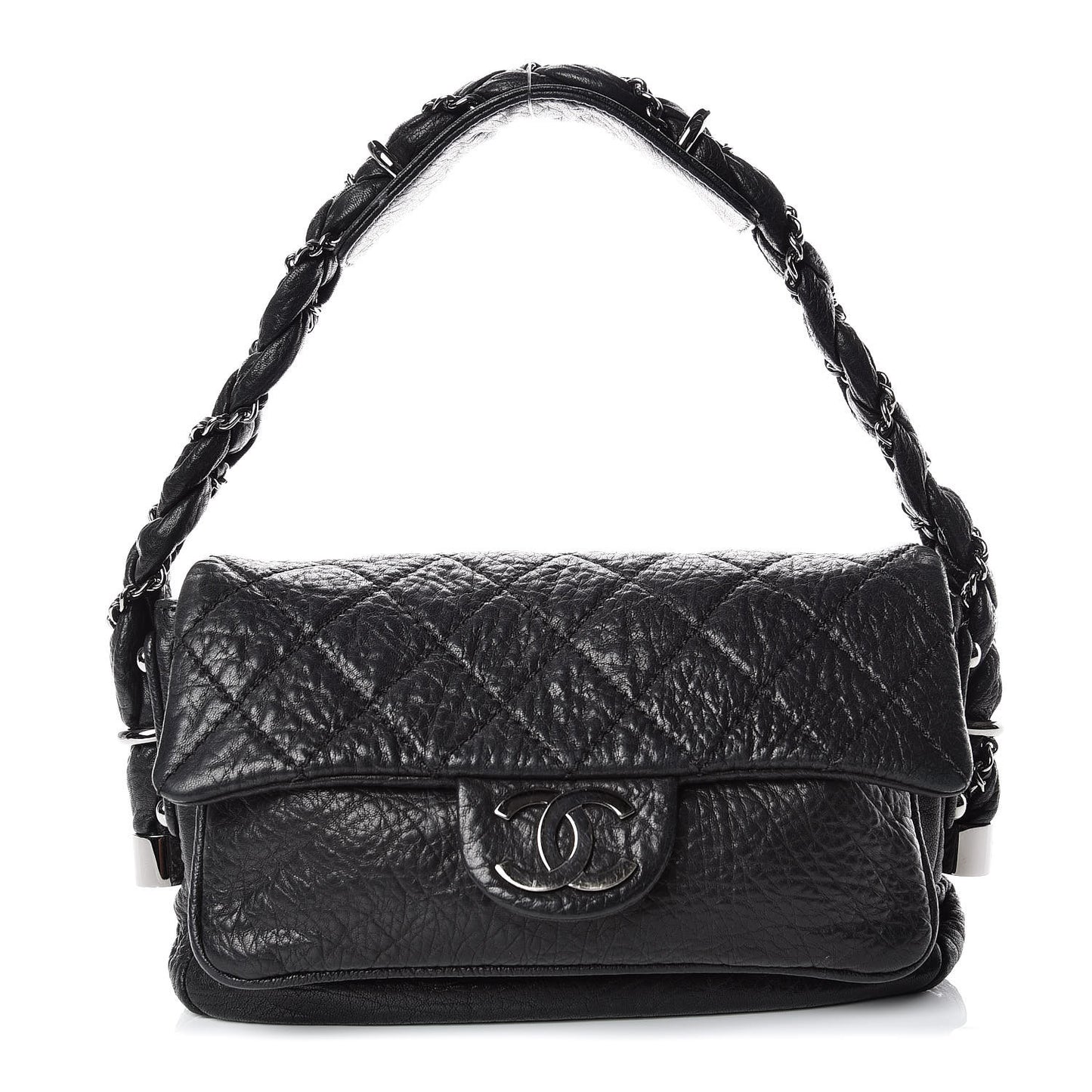 Distressed Lambskin Small Lady Braid Flap Black