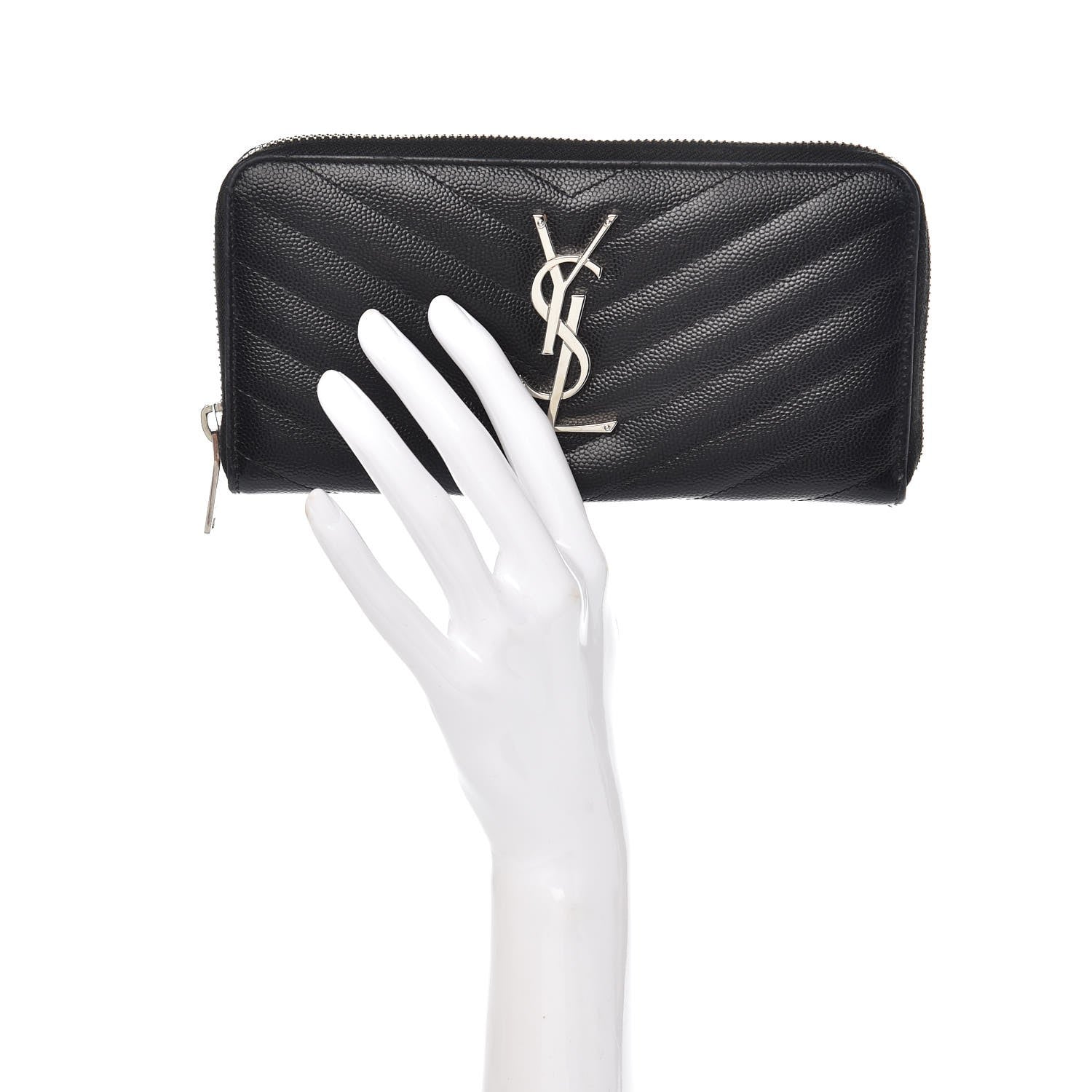 Saint Laurent Grain De Poudre Matelasse Chevron Monogram Zip Around Wallet Black 2 of 9