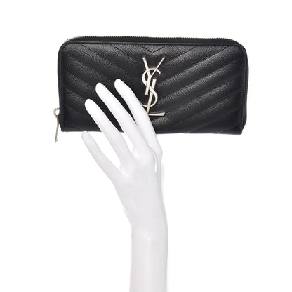 Saint Laurent Grain De Poudre Matelasse Chevron Monogram Zip Around Wallet Black 2 of 9