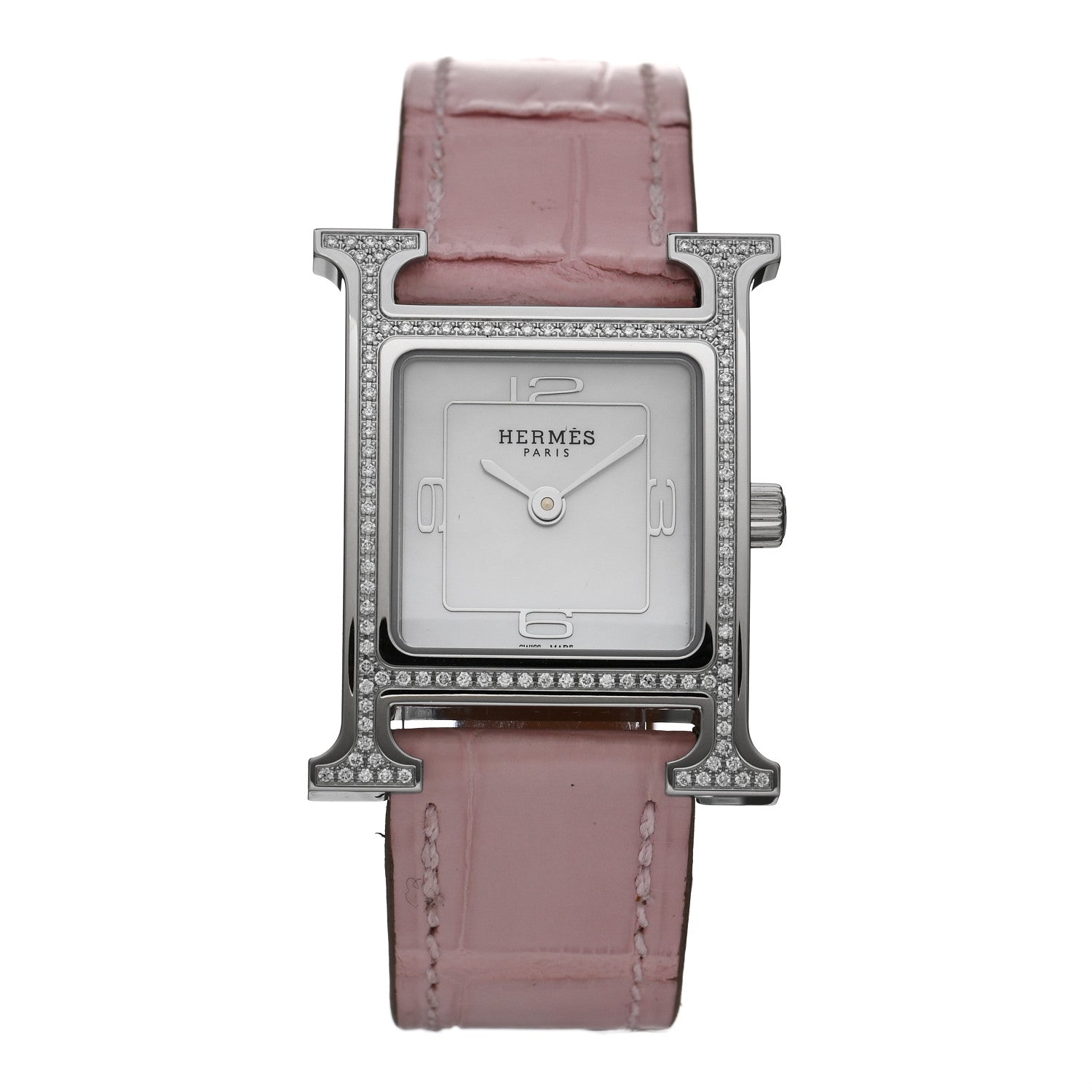 Hermes Stainless Steel Alligator Diamond Bezel Mother of Pearl 21mm Heure H Hour Quartz Watch Rose Pale 1 of 5