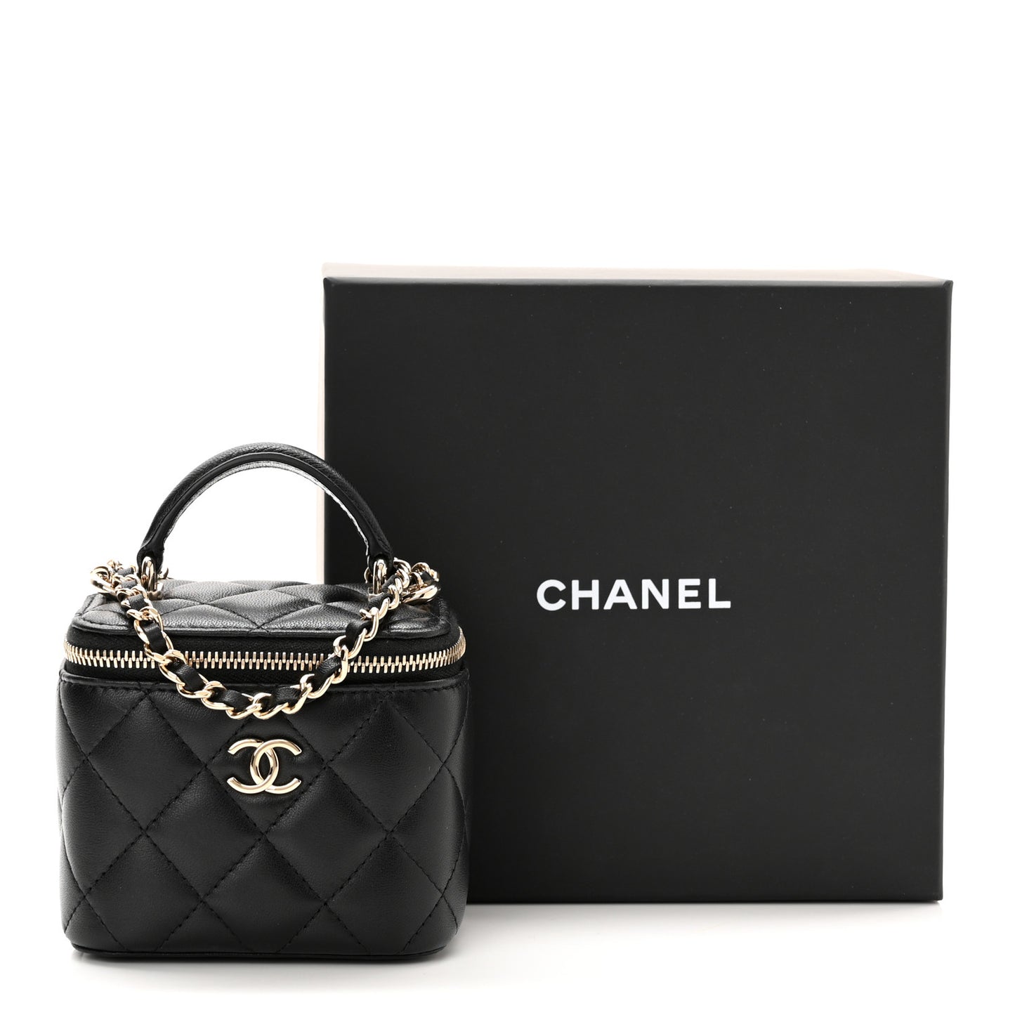 Lambskin Quilted Top Handle Mini Vanity Case With Chain Black