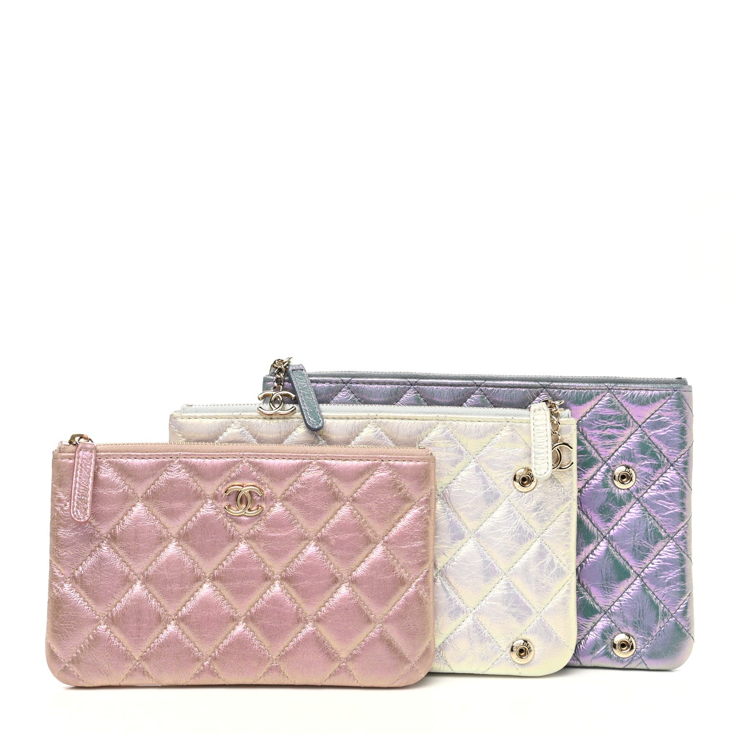 Chanel Iridescent Crumpled Calfskin Trio Cosmetic Case Blue Pink Ivory 3 of 11