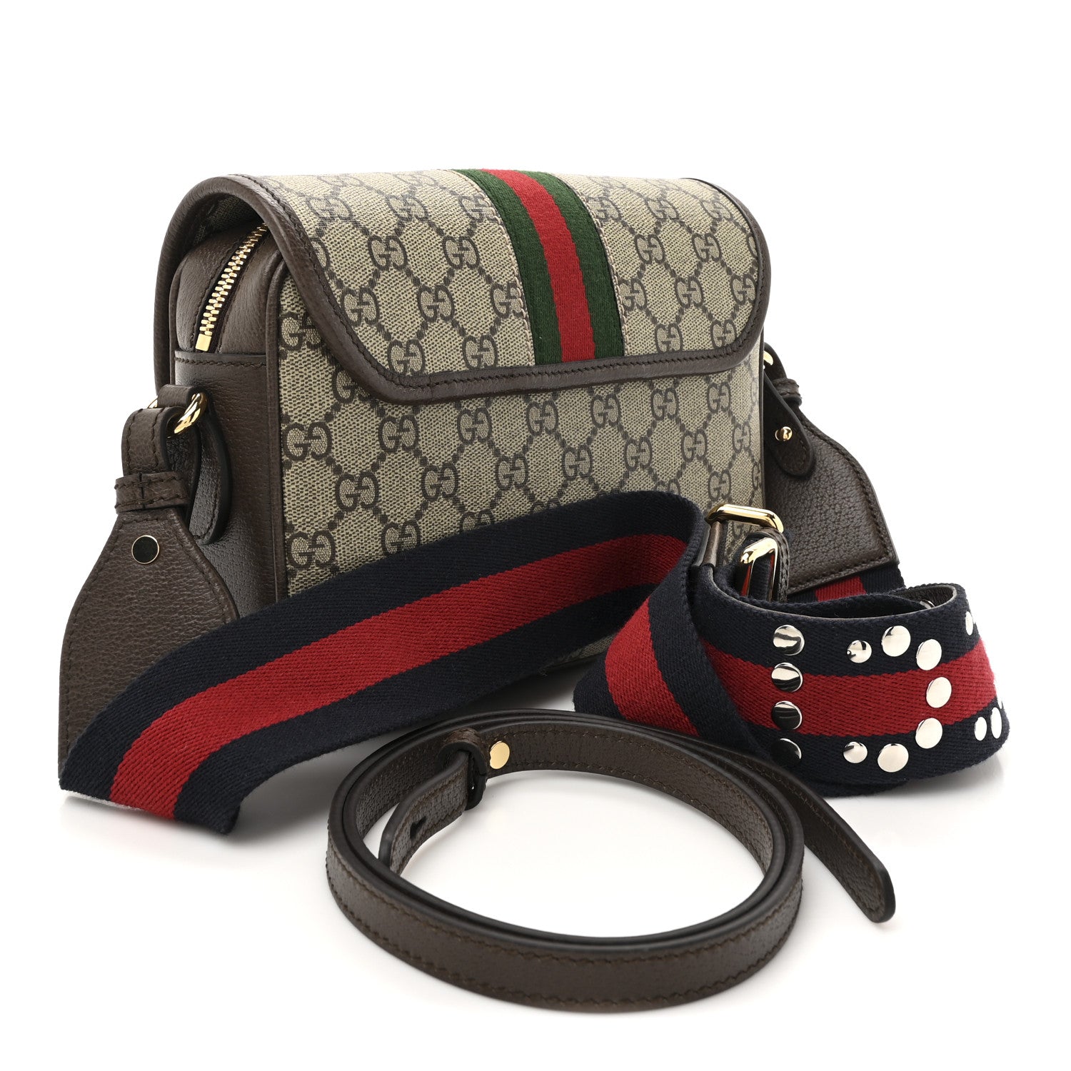 Gucci GG Supreme Monogram Textured Dollar Calfskin Web Studded Mini Ophidia Flap Shoulder Bag Beige Ebony New Acero 3 of 10
