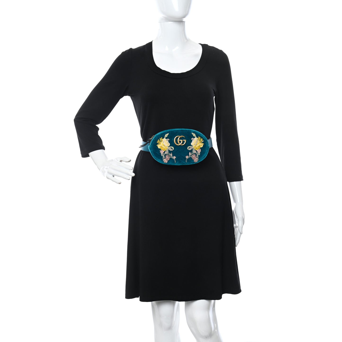 Velvet Matelasse Embroidered GG Marmont Belt Bag 85 34 Pavone Cyan