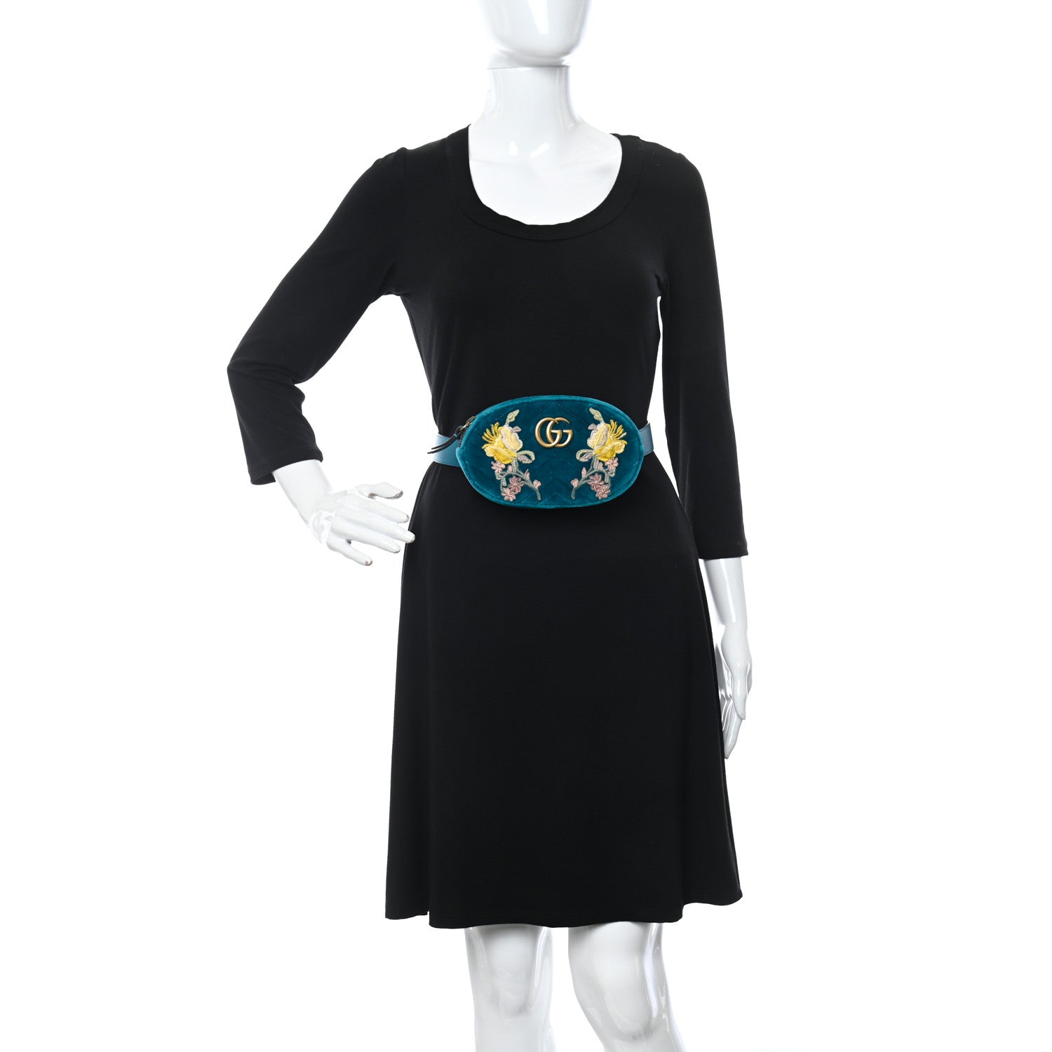 Gucci Velvet Matelasse Embroidered GG Marmont Belt Bag 85 34 Pavone Cyan 2 of 11
