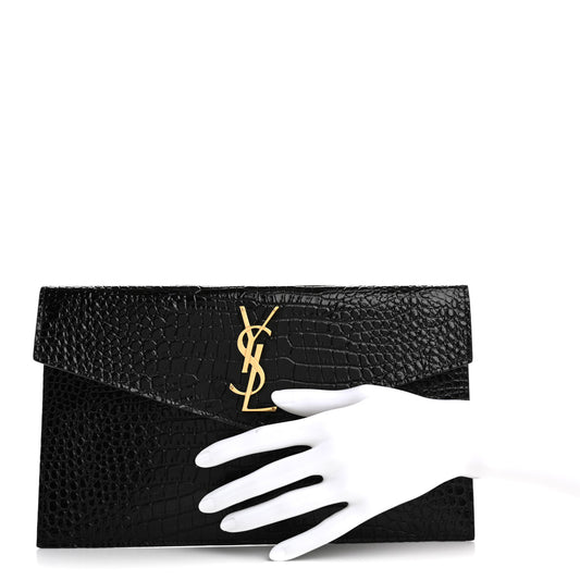 Calfskin Crocodile Embossed Uptown Monogram Pouch Black