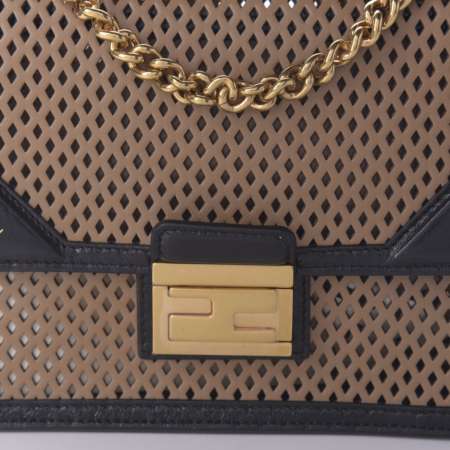 Fendi Vitello Liberty Glossy Lambskin Perforated Small Kan U Shoulder Bag Sand Mimosa Black 9 of 9