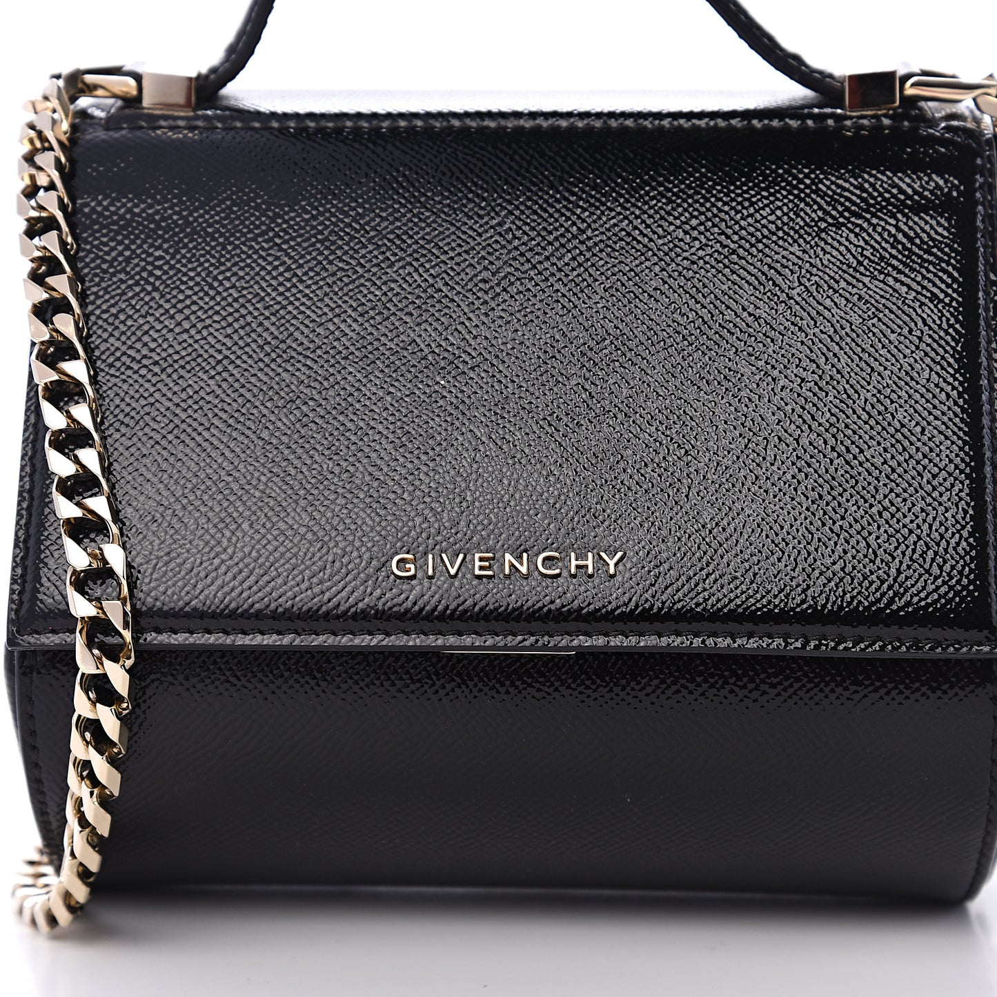 Textured Patent Calfskin Mini Pandora Box Chain Crossbody Bag Black
