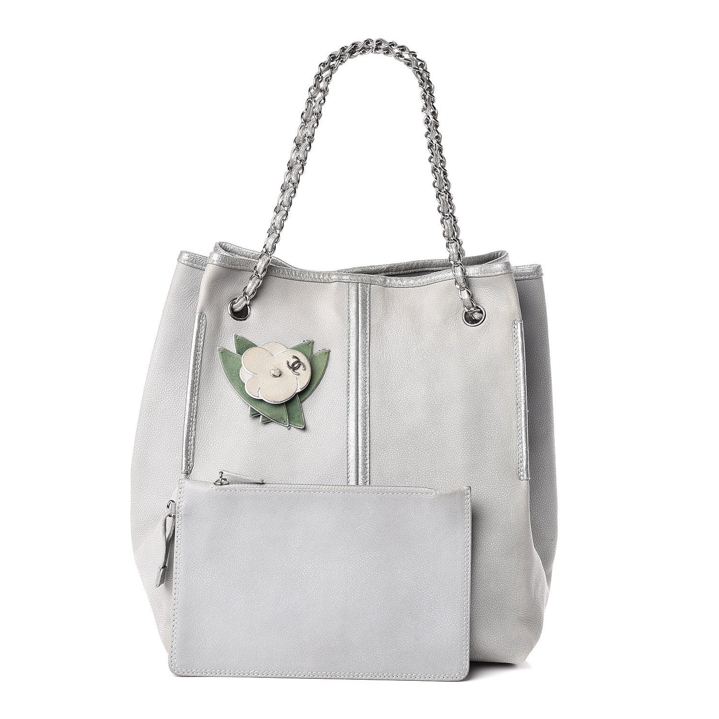 Iridescent Caviar Camellia Flower Shopping Tote Grey