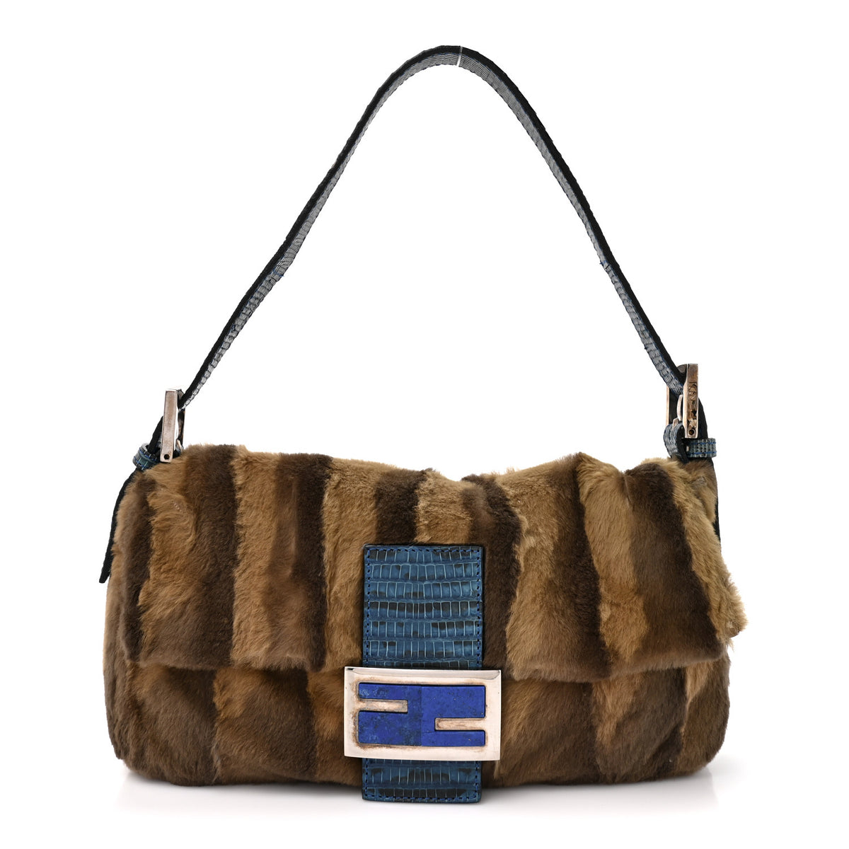 Fendi Rabbit Fur Lizard Baguette Brown Blue 1 of 12