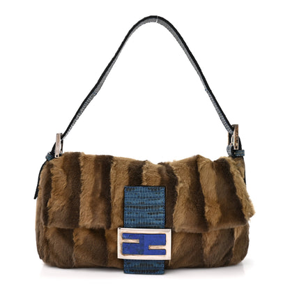 Fendi Rabbit Fur Lizard Baguette Brown Blue 1 of 12