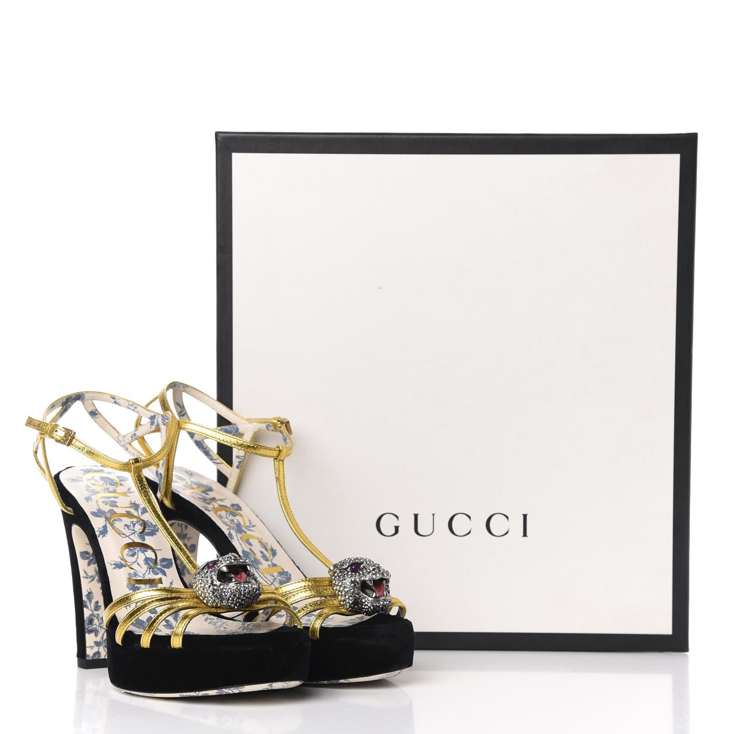 Gucci Velvet Nappa Elias T-Strap Platform High Heel Sandals 35.5 Black Gold 9 of 9