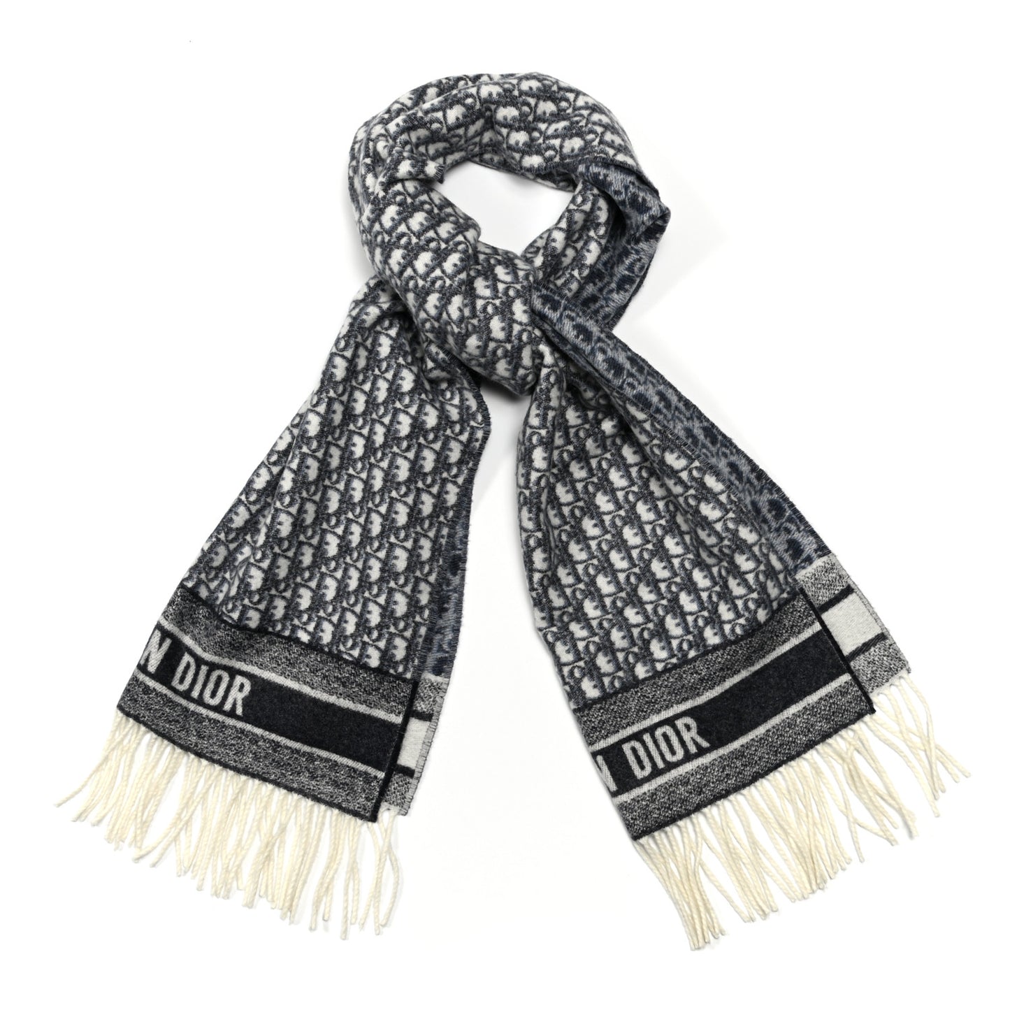 Cashmere Oblique Fringed Scarf Navy
