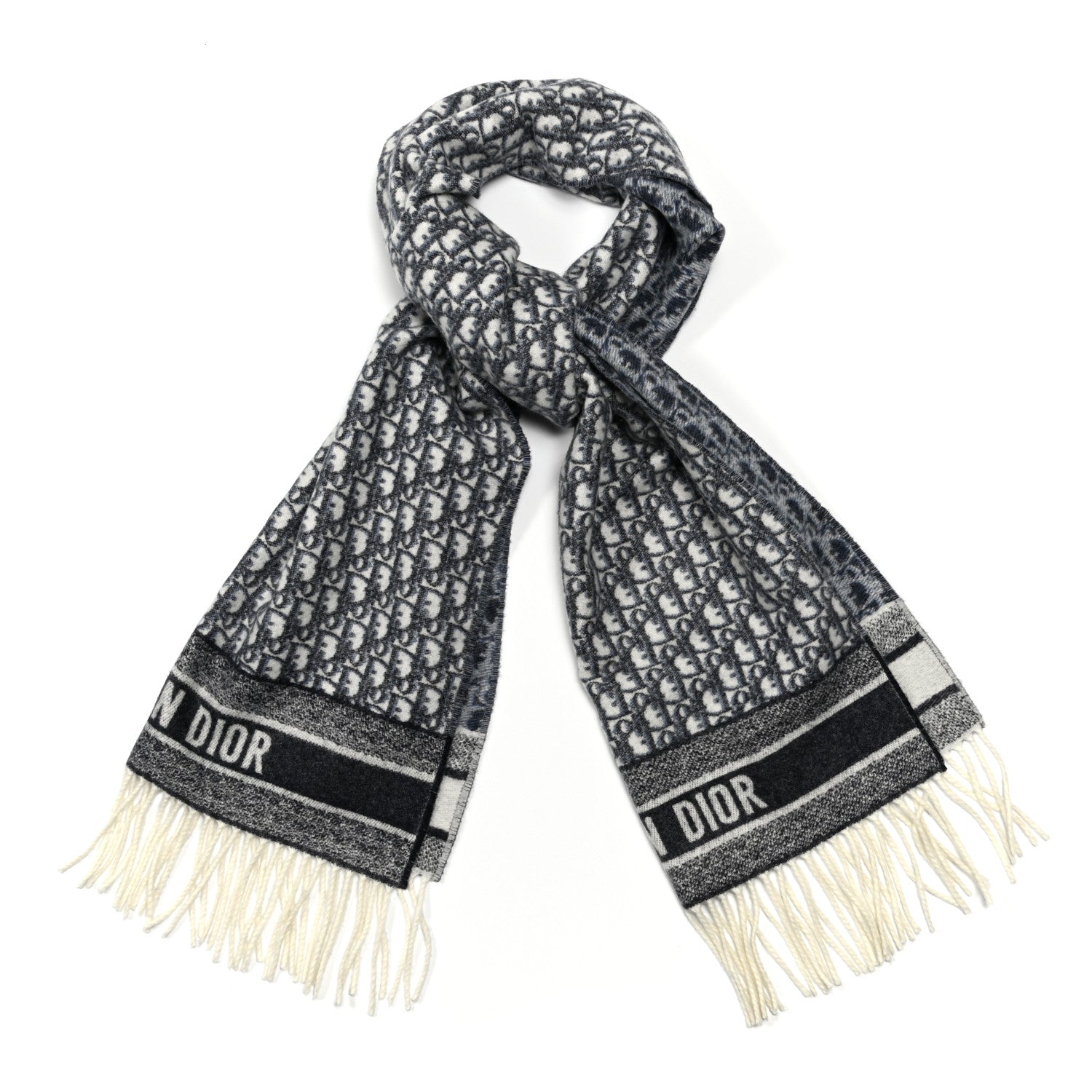 Christian Dior Cashmere Oblique Fringed Scarf Navy 1 of 3