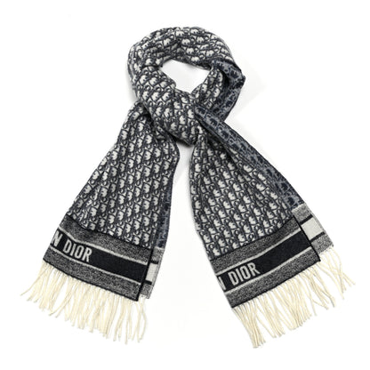 Christian Dior Cashmere Oblique Fringed Scarf Navy 1 of 3