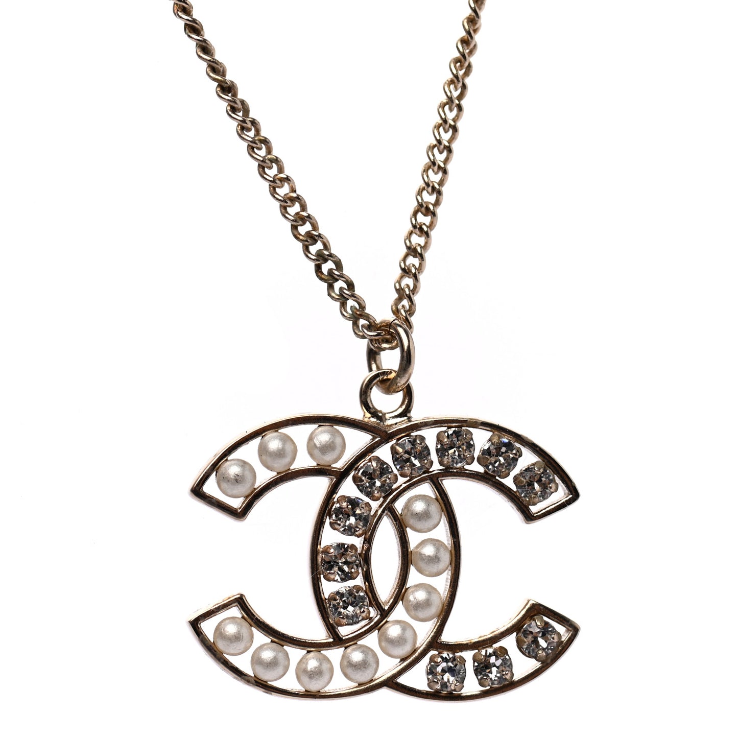 Pearl Crystal CC Pendant Necklace Gold