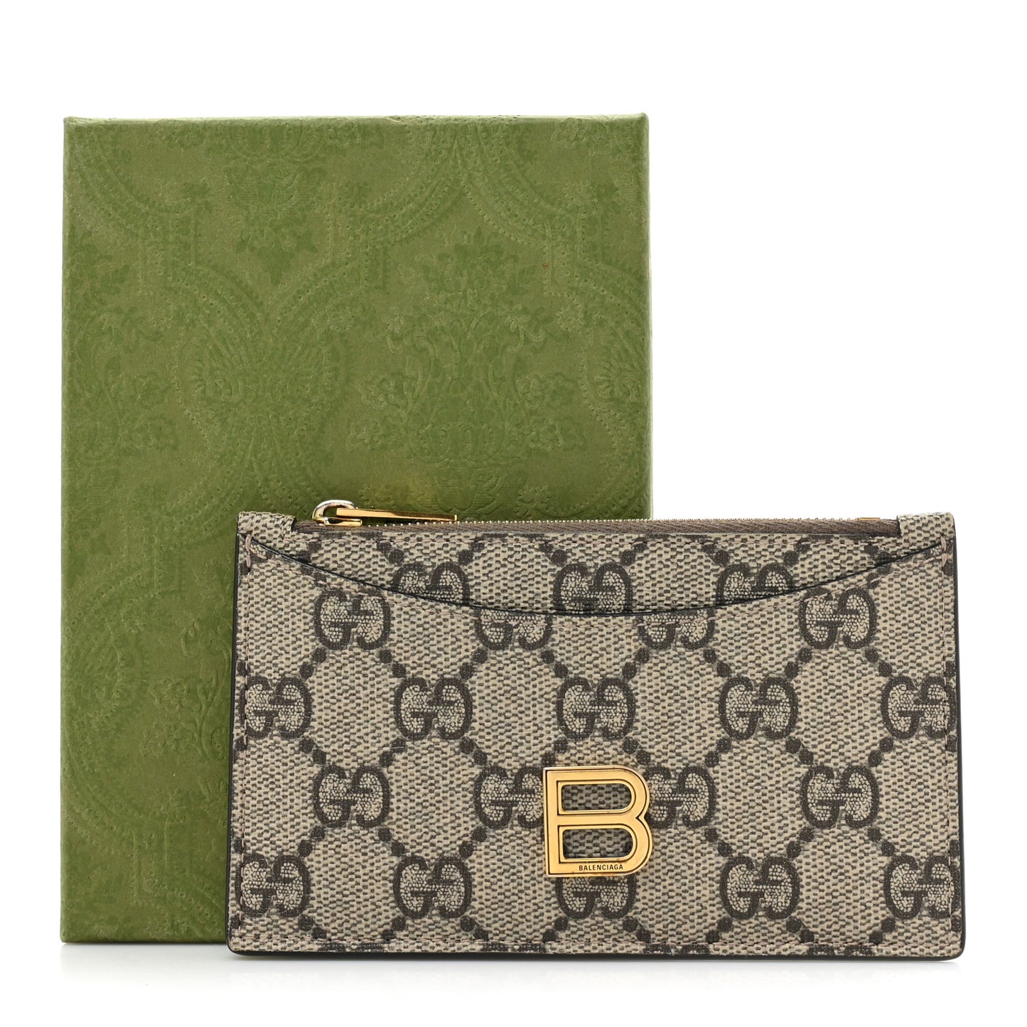 X BALENCIAGA GG Supreme Monogram Zip Card Case Beige Ebony