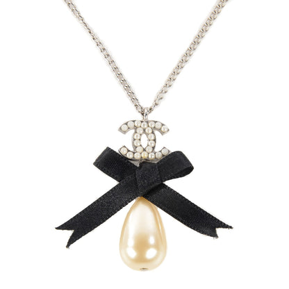Chanel Pearl Ribbon CC Bow Necklace Black 1 of 6