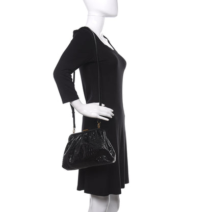 Balenciaga Shiny Supple Calfskin Logo Crocodile Embossed Cloud Crossbody Bag Black White 2 of 10