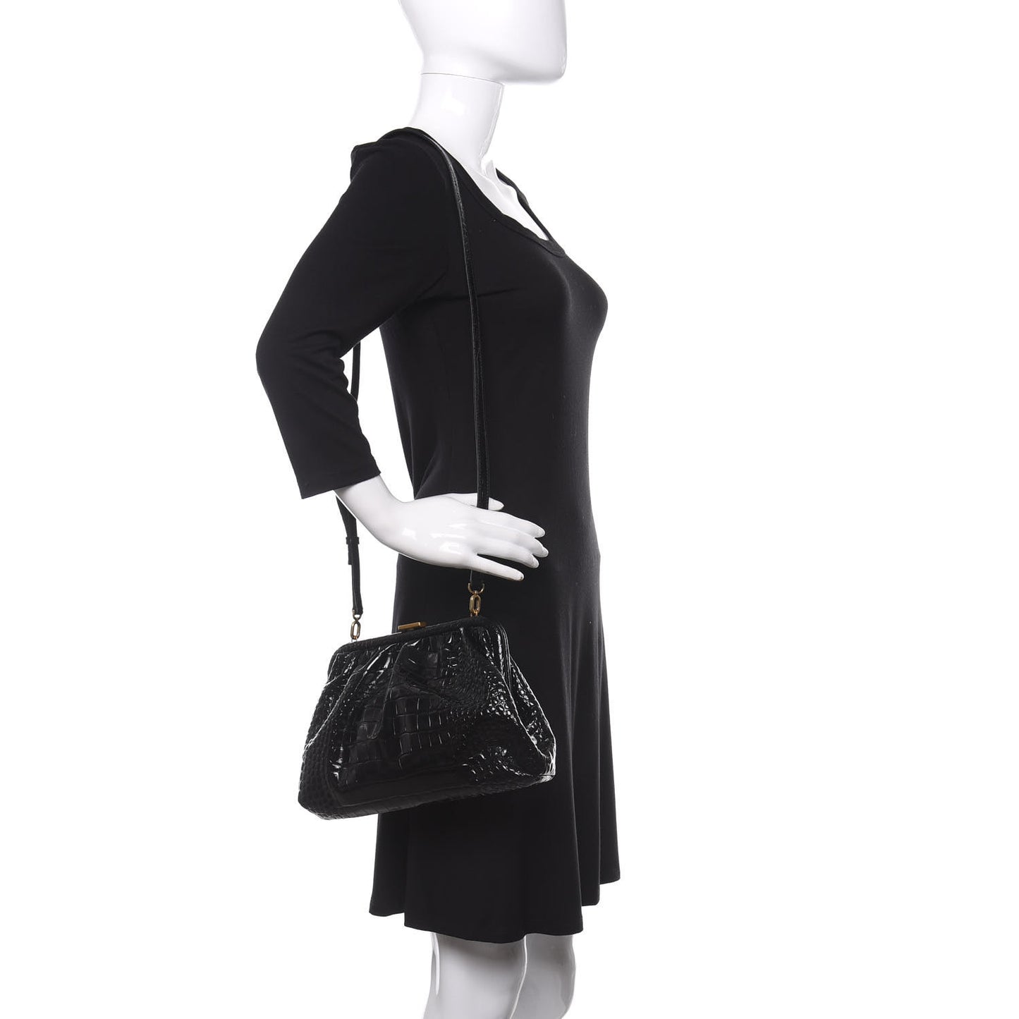 Shiny Supple Calfskin Logo Crocodile Embossed Cloud Crossbody Bag Black White