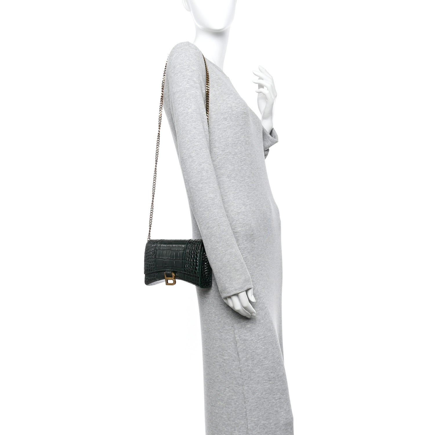Balenciaga Shiny Calfskin Crocodile Embossed Hourglass Chain Bag Forest Green Forest Green 2 of 11