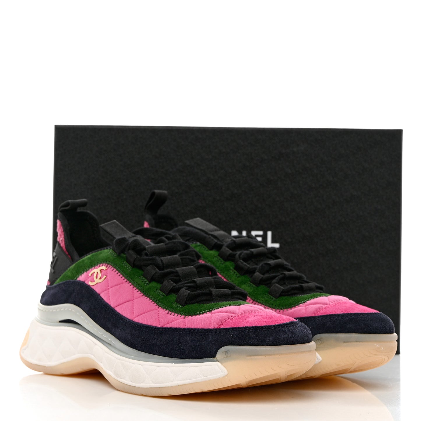 Velvet Calfskin Mixed Fibers CC Sneakers 40.5 Pink Green