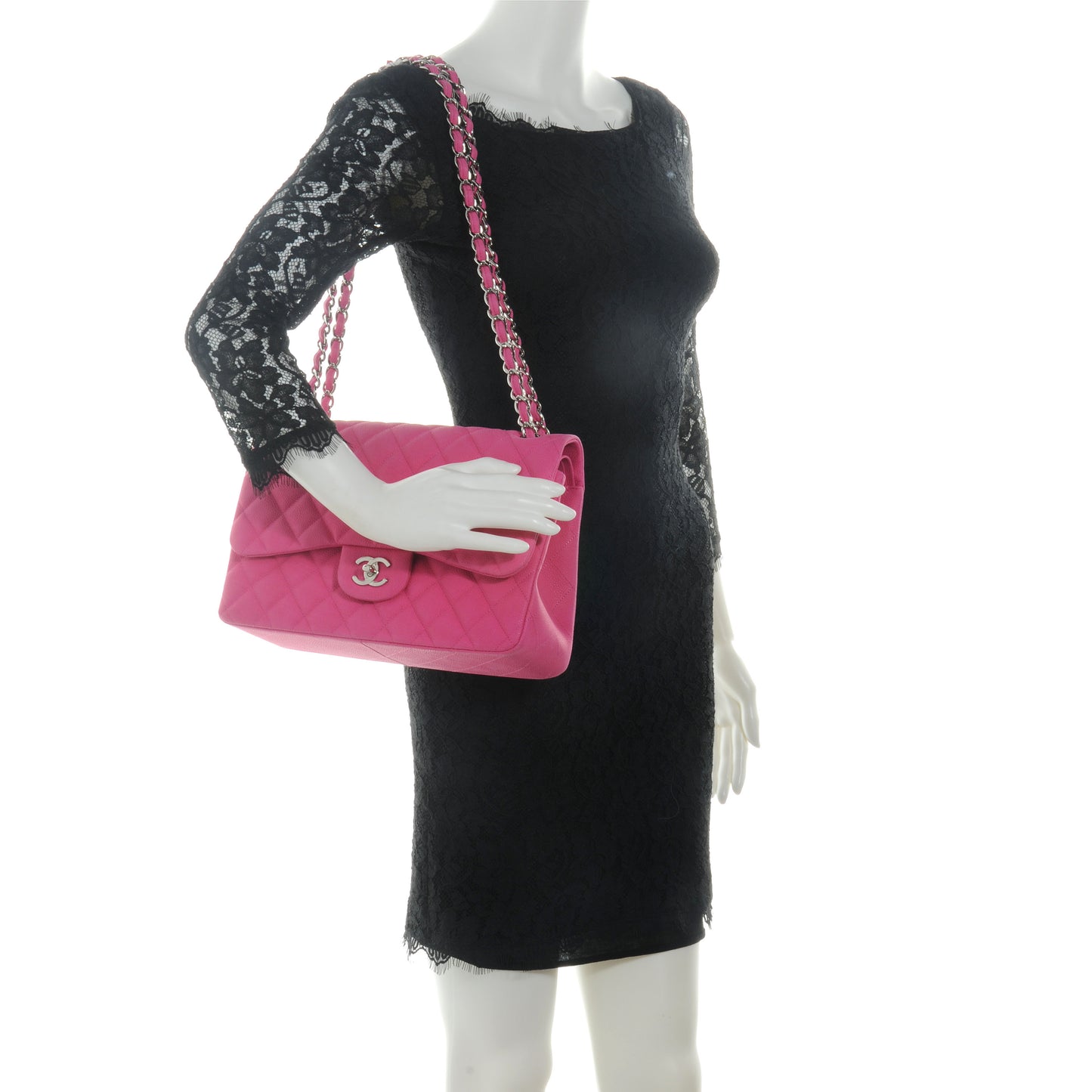 Iridescent Caviar Jumbo Double Flap Hot Pink