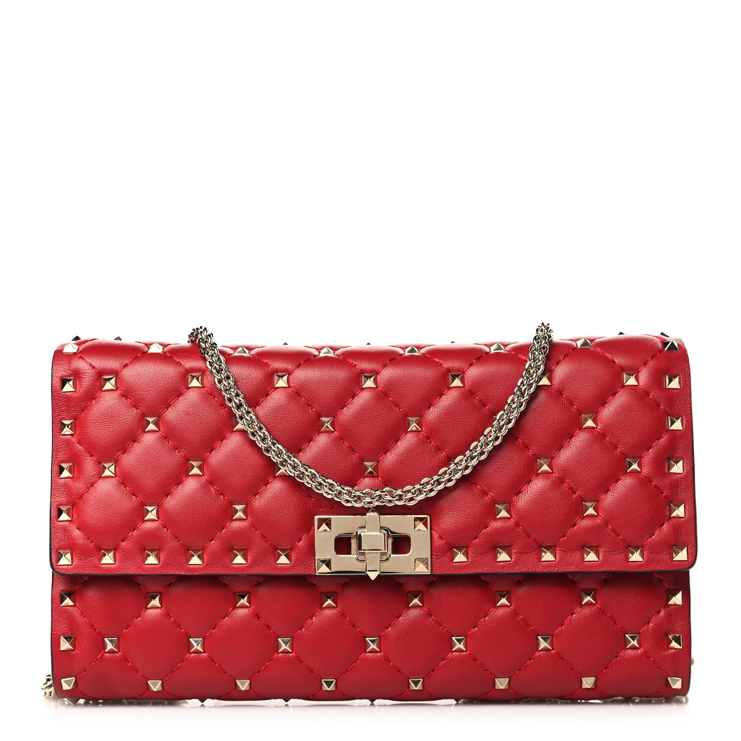 Lambskin Rockstud Spike Wallet on Chain Red