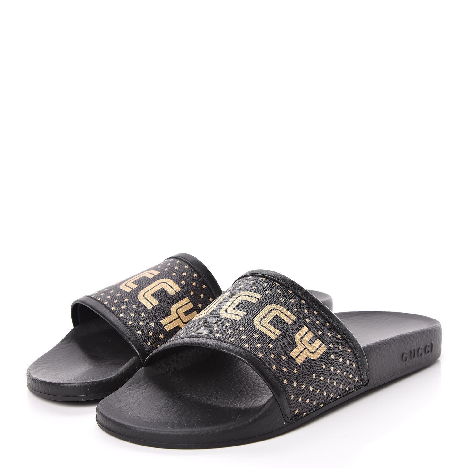 Gucci X SEGA Supreme Canvas GUCCY Stars Womens Slide Sandals 39 Black Gold 3 of 9