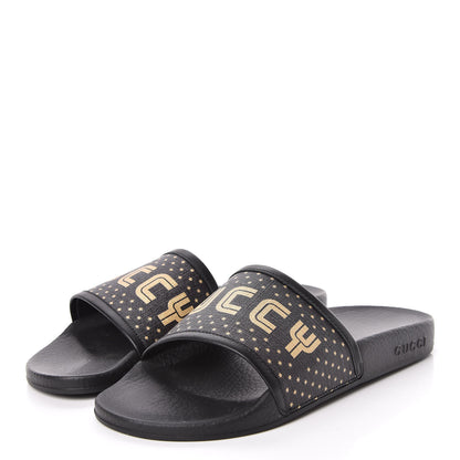 Gucci X SEGA Supreme Canvas GUCCY Stars Womens Slide Sandals 39 Black Gold 3 of 9