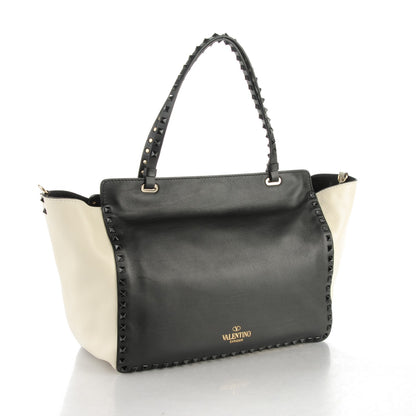 Valentino Garavani Vitello Monochrome Medium Rockstud Tote Black Light Ivory 3 of 7