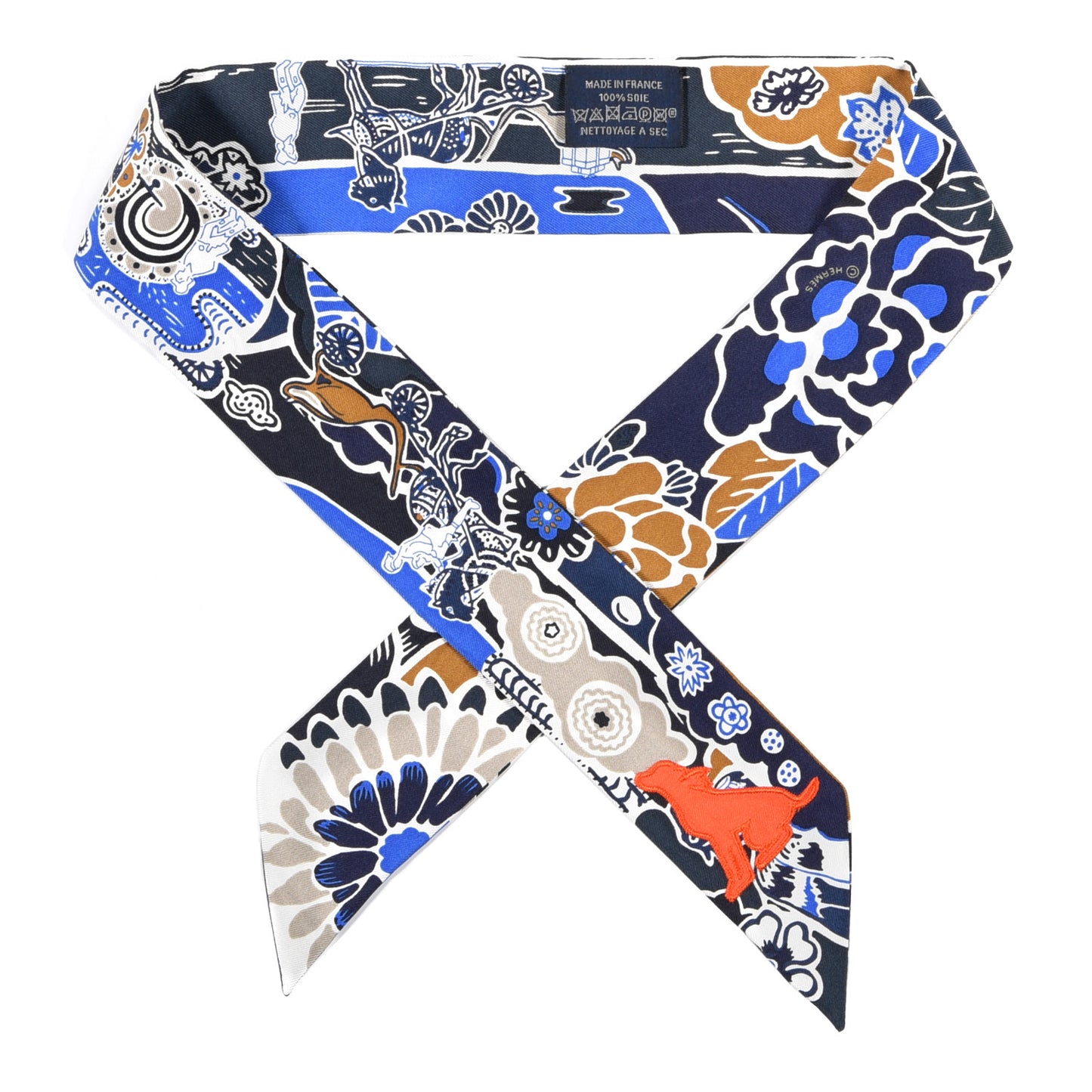 Silk Bingata Sticker Twilly Marine Tabac Bleu Vif