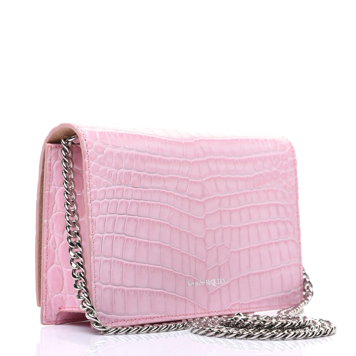 Alexander McQueen Calfskin Crocodile Embossed Skull Mini Crossbody Bag Rosa 3 of 15