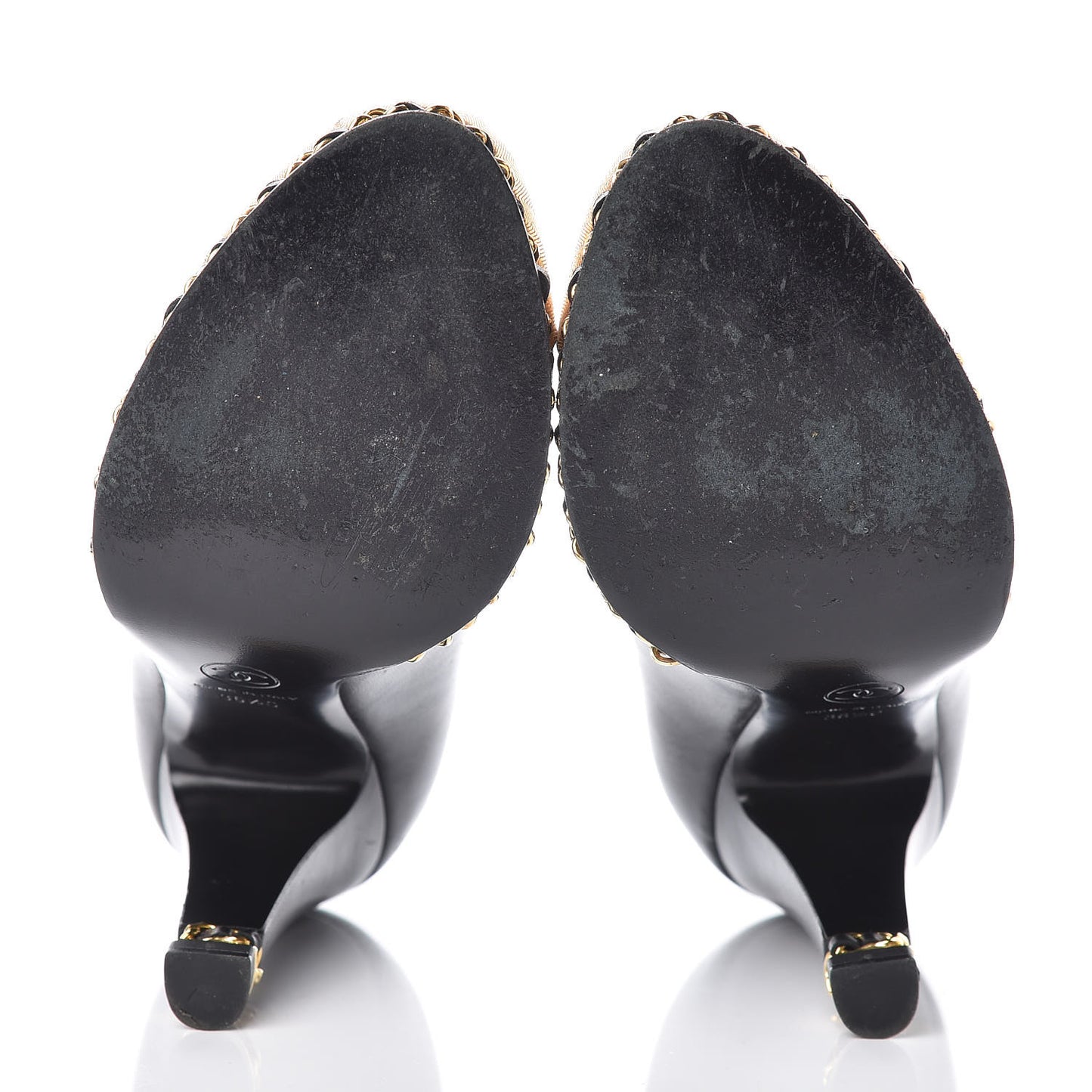 Lambskin Chain Around Cap Toe Pumps 36.5 Black Gold
