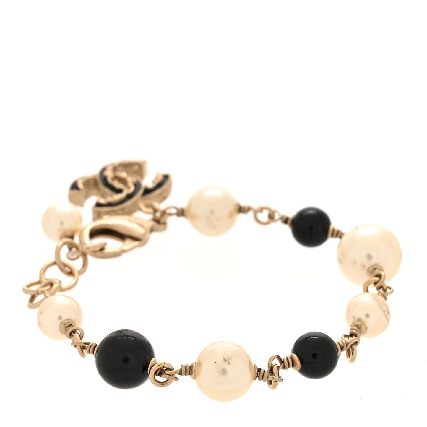 Pearl Bead Enamel CC Baroque Bracelet White Black Gold