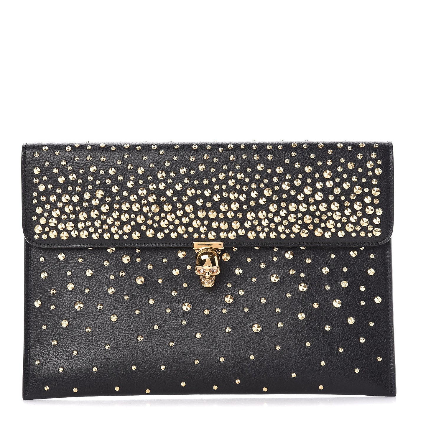 Calfskin Studded Skull Envelope Clutch Black