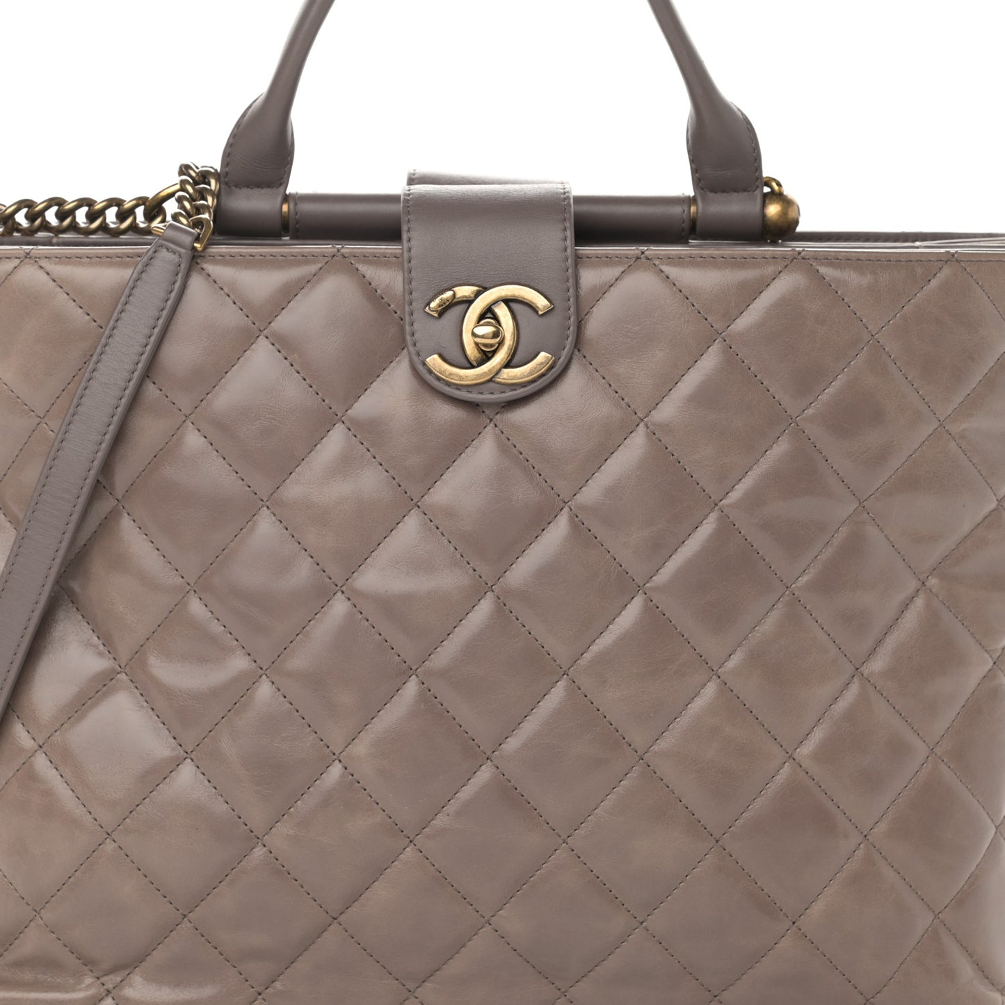 Glazed Calfskin Quilted Gold Bar Tote Dark Grey