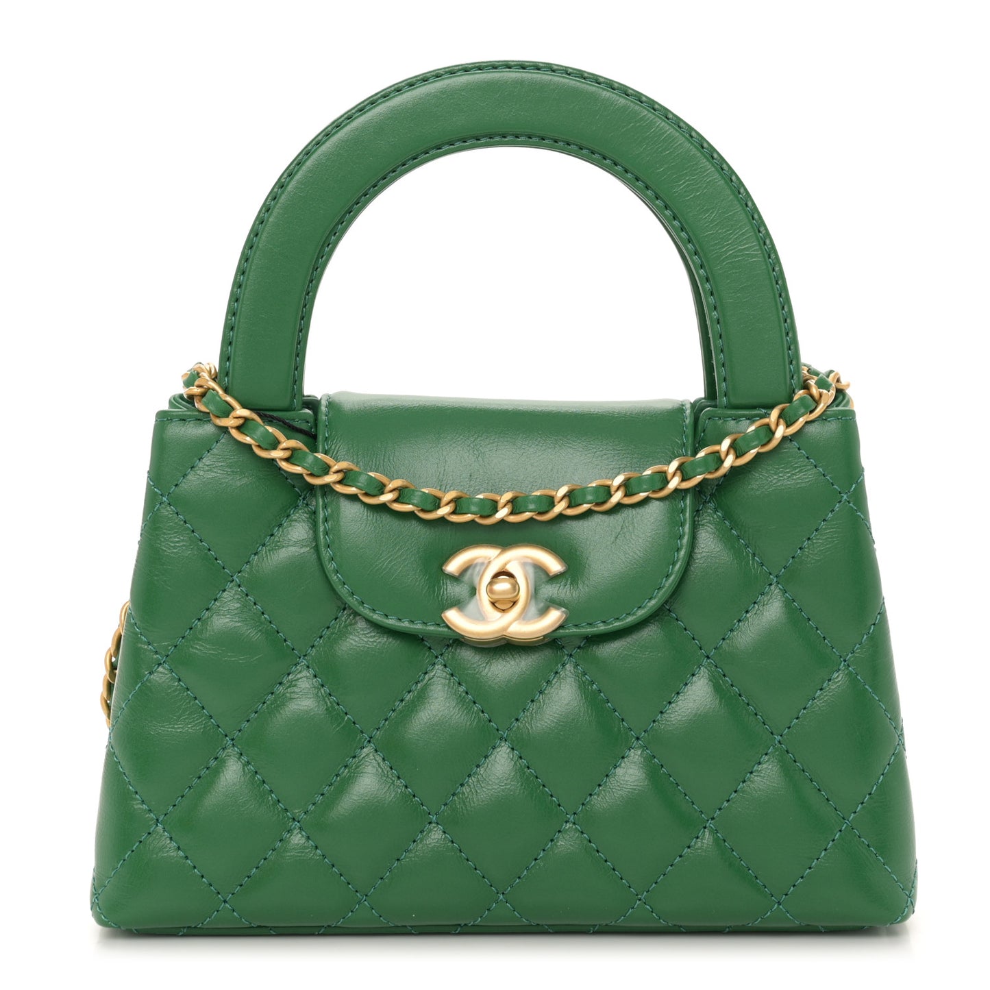 Shiny Aged Calfskin Quilted Nano Kelly Shopper Green