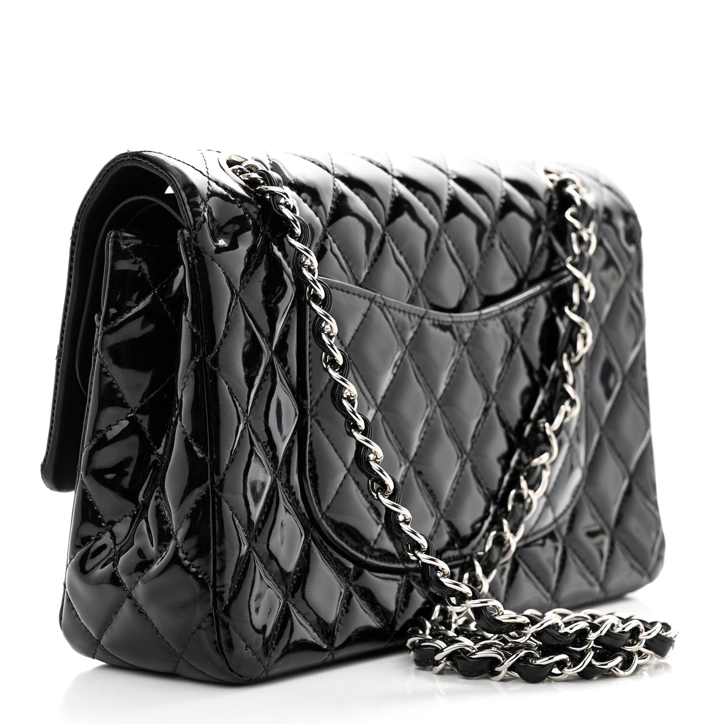 Patent Quilted Medium Double Flap Black