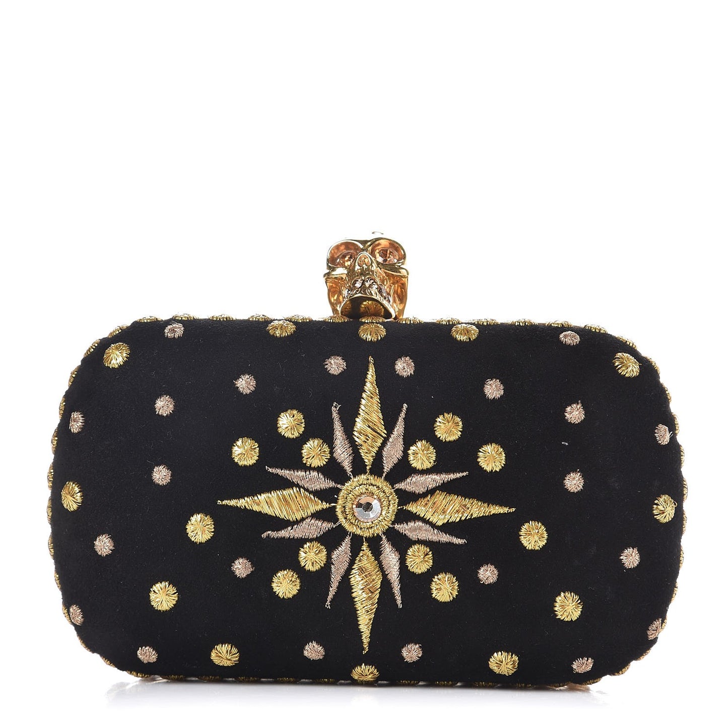 Embroidered Skull Box Clutch Black Gold