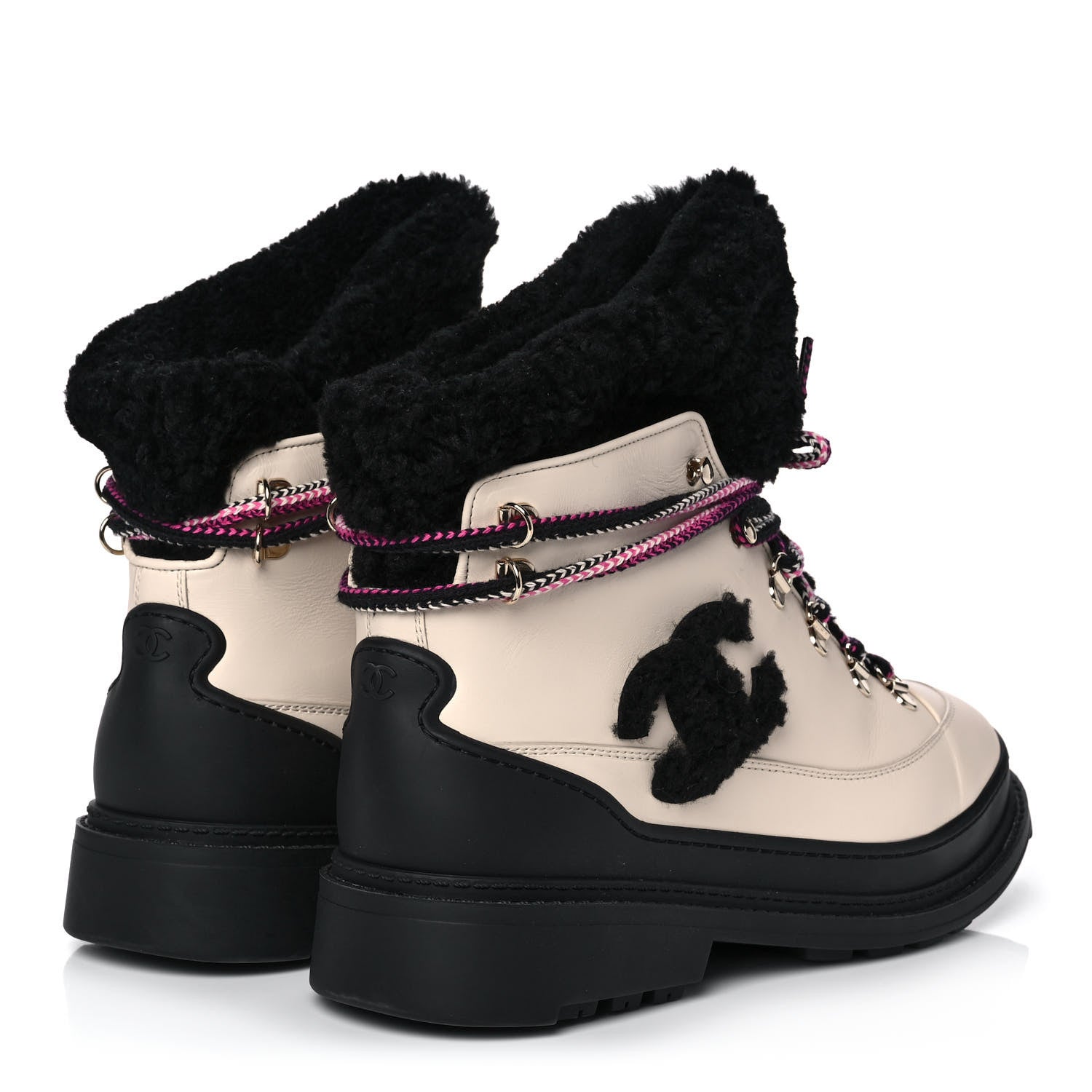 Chanel Calfskin Shearling CC Lace Up Boots 40.5 Light Beige Black 4 of 11