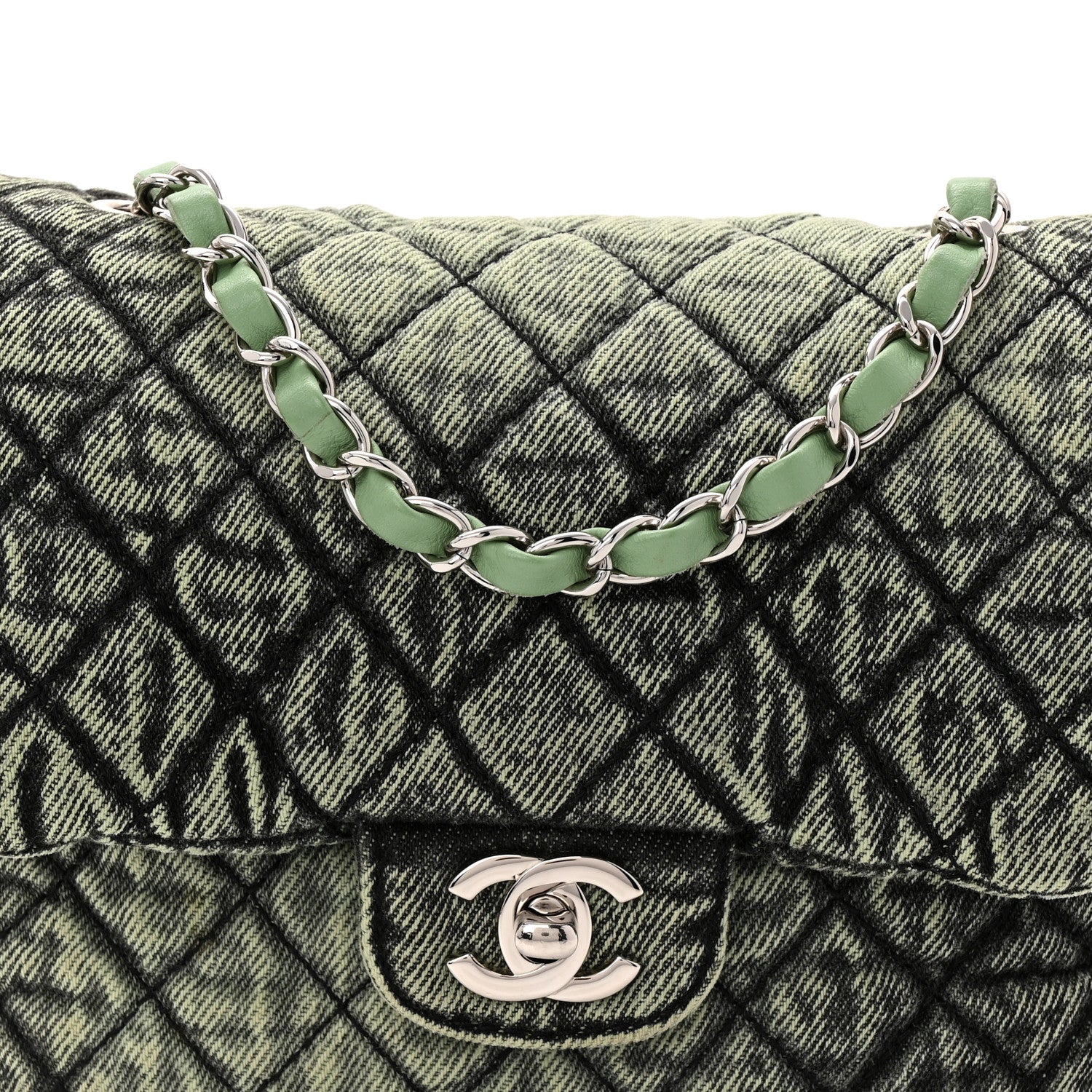 Chanel Washed Denim Quilted Small Denimpression Flap Green Black 8 of 10